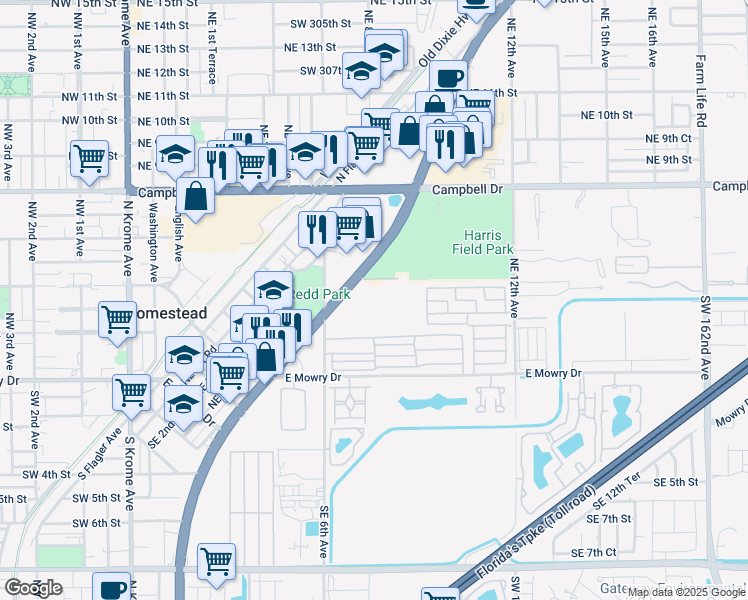map of restaurants, bars, coffee shops, grocery stores, and more near N Homestead Blvd in Homestead