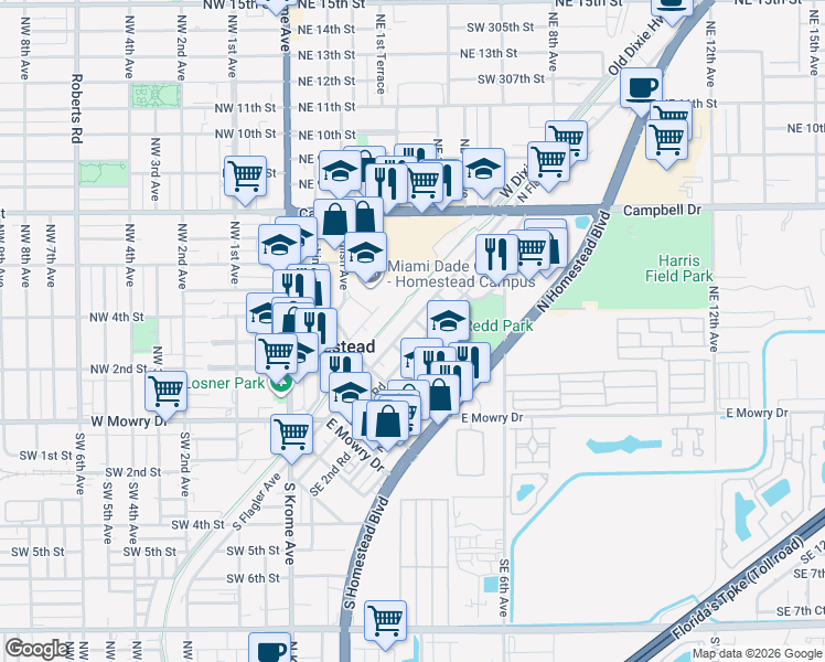 map of restaurants, bars, coffee shops, grocery stores, and more near 406 Northeast 1st Road in Homestead
