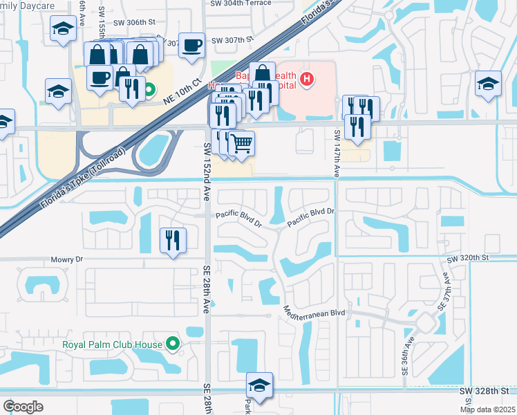 map of restaurants, bars, coffee shops, grocery stores, and more near 345 Northeast 29th Terrace in Homestead