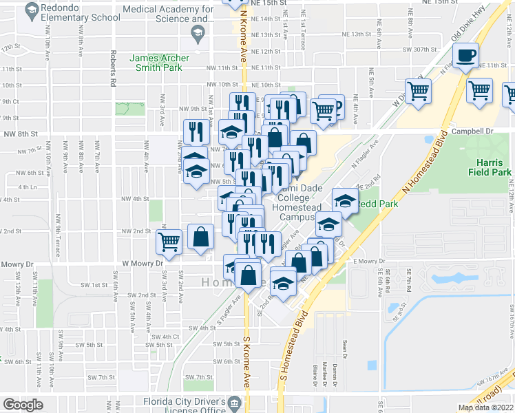map of restaurants, bars, coffee shops, grocery stores, and more near 328 Washington Avenue in Homestead