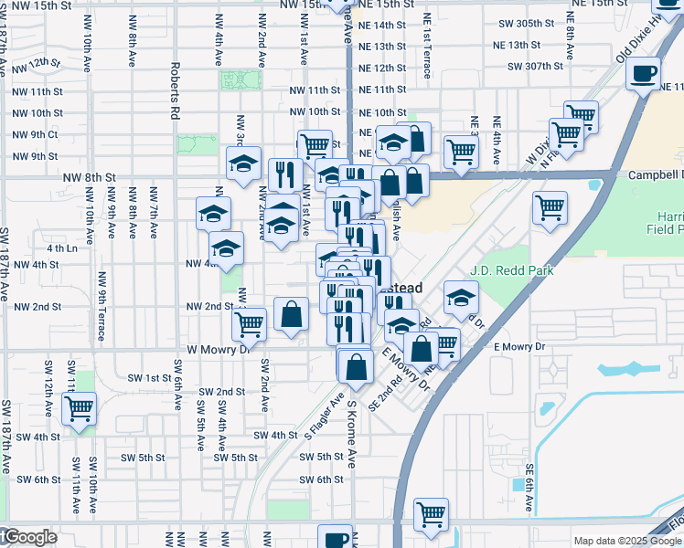 map of restaurants, bars, coffee shops, grocery stores, and more near 330 North Krome Avenue in Homestead