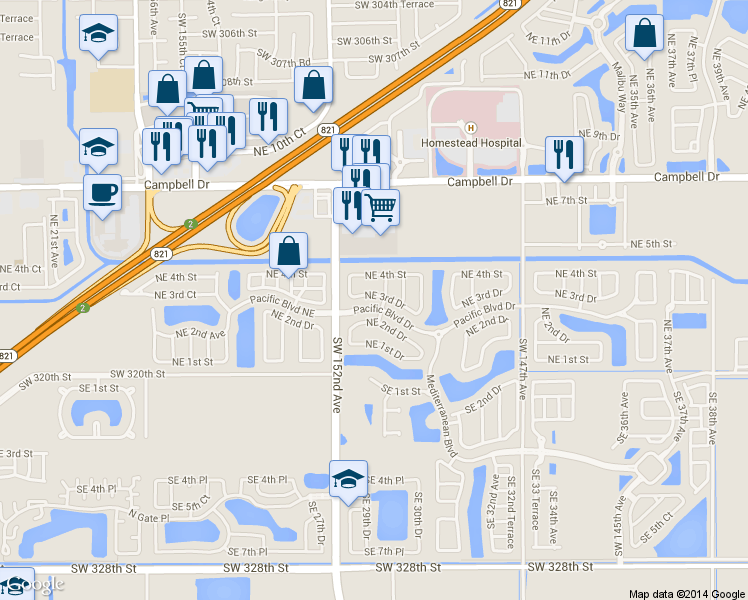 map of restaurants, bars, coffee shops, grocery stores, and more near 2876 Northeast 3rd Drive in Homestead