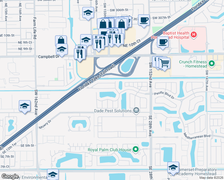 map of restaurants, bars, coffee shops, grocery stores, and more near 2474 Northeast 3rd Court in Homestead
