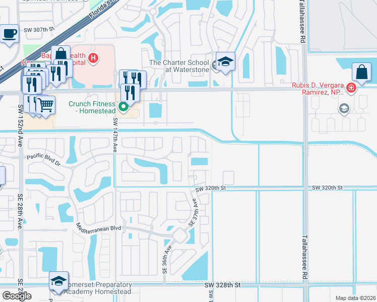 map of restaurants, bars, coffee shops, grocery stores, and more near 349 Northeast 36th Terrace in Homestead