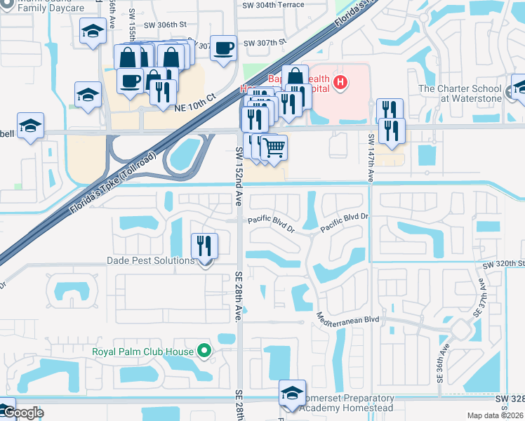 map of restaurants, bars, coffee shops, grocery stores, and more near 2876 Northeast 3rd Drive in Homestead