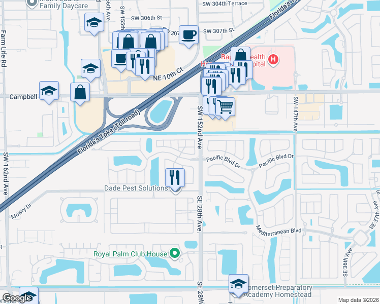 map of restaurants, bars, coffee shops, grocery stores, and more near 2720 Northeast 3rd Drive in Homestead