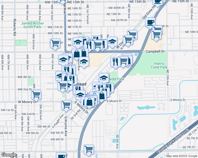 map of restaurants, bars, coffee shops, grocery stores, and more near 406 Northeast 1st Road in Homestead
