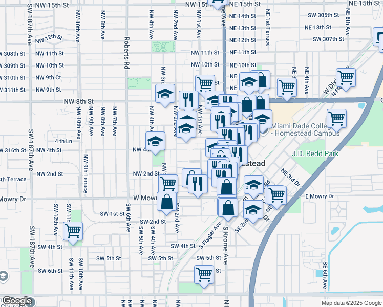 map of restaurants, bars, coffee shops, grocery stores, and more near 111 Northwest 3rd Street in Homestead
