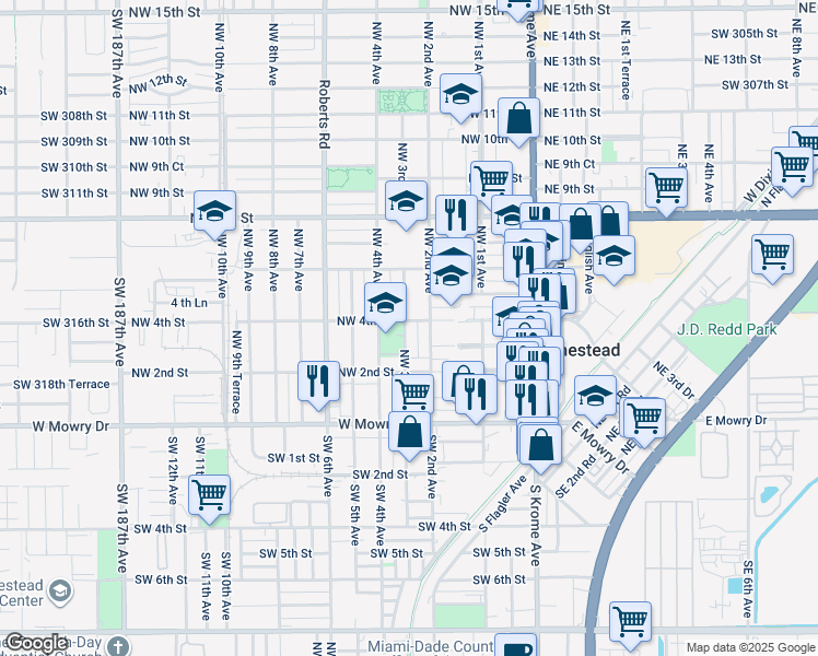 map of restaurants, bars, coffee shops, grocery stores, and more near 393 Northwest 3rd Avenue in Homestead