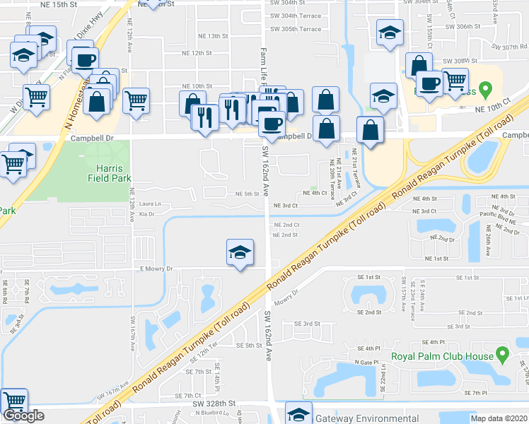 map of restaurants, bars, coffee shops, grocery stores, and more near 1808 Northeast 3rd Court in Homestead