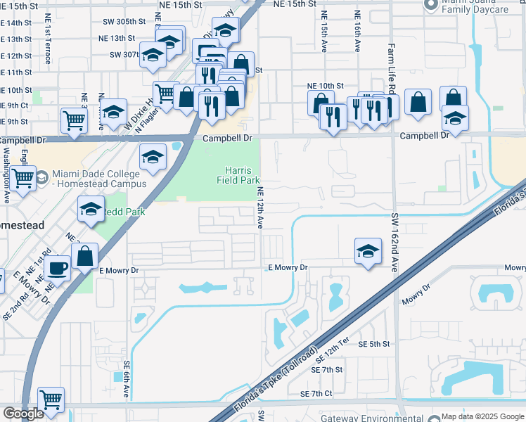 map of restaurants, bars, coffee shops, grocery stores, and more near 1280 Kia Drive in Homestead