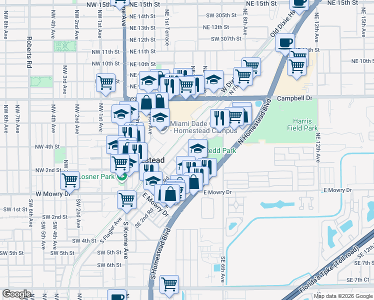 map of restaurants, bars, coffee shops, grocery stores, and more near 406 Northeast 1st Road in Homestead