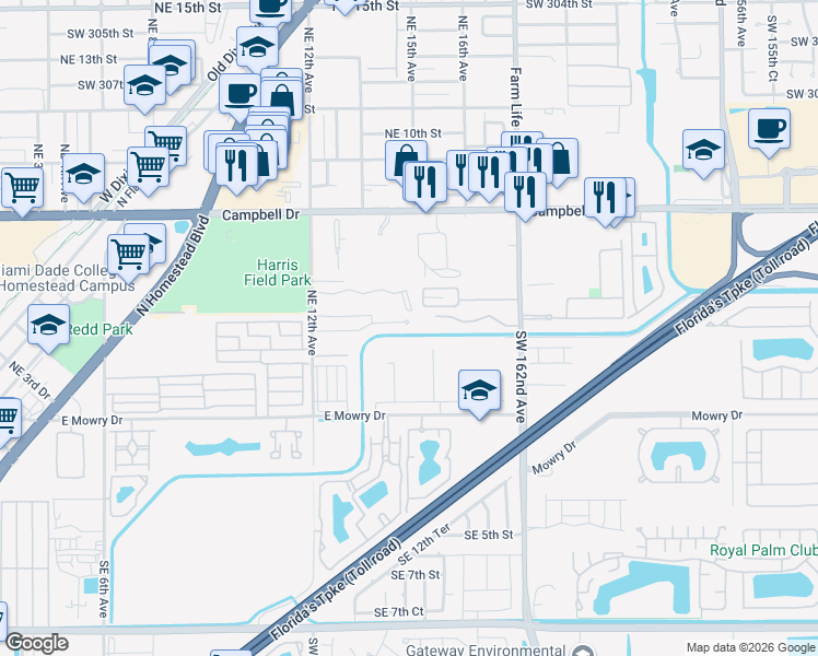 map of restaurants, bars, coffee shops, grocery stores, and more near 1570 Kia Drive in Homestead