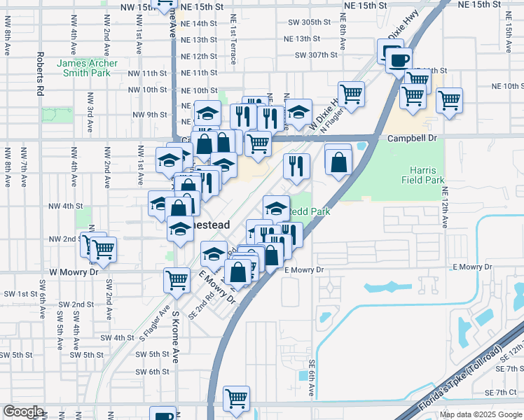 map of restaurants, bars, coffee shops, grocery stores, and more near 406 Northeast 1st Road in Homestead