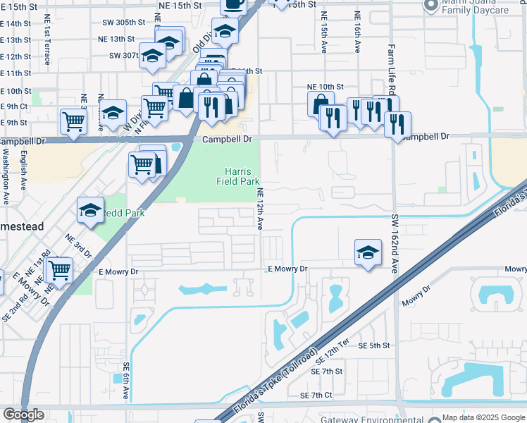 map of restaurants, bars, coffee shops, grocery stores, and more near 1280 Kia Drive in Homestead