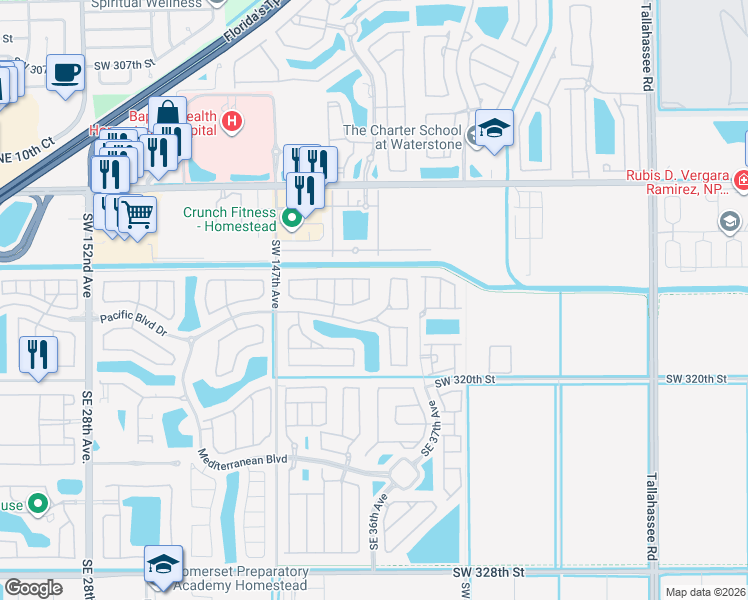 map of restaurants, bars, coffee shops, grocery stores, and more near 338 Northeast 36th Avenue Road in Homestead