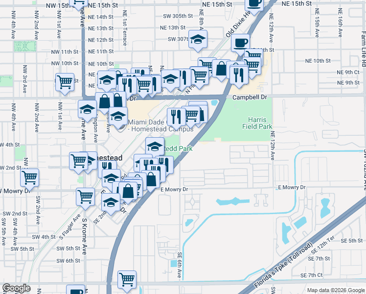 map of restaurants, bars, coffee shops, grocery stores, and more near 550 North Homestead Boulevard in Homestead