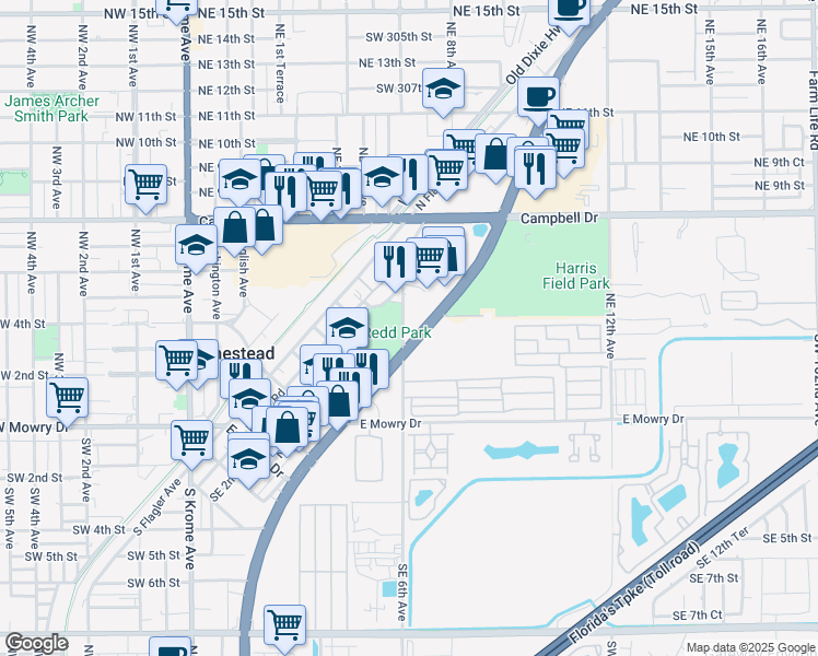 map of restaurants, bars, coffee shops, grocery stores, and more near 550 North Homestead Boulevard in Homestead