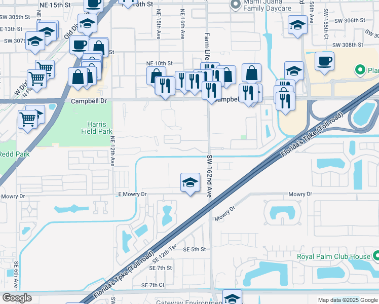 map of restaurants, bars, coffee shops, grocery stores, and more near 340 Northeast 18th Avenue in Homestead