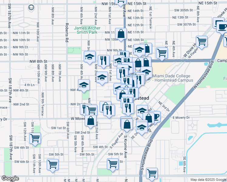 map of restaurants, bars, coffee shops, grocery stores, and more near 111 Northwest 3rd Street in Homestead