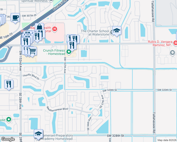 map of restaurants, bars, coffee shops, grocery stores, and more near 338 Northeast 36th Avenue Road in Homestead