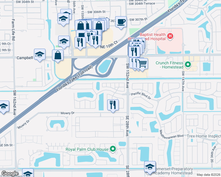 map of restaurants, bars, coffee shops, grocery stores, and more near 2619 Northeast 2nd Drive in Homestead