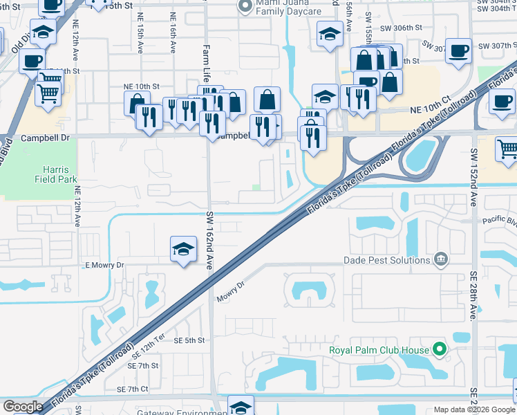 map of restaurants, bars, coffee shops, grocery stores, and more near 1974 Northeast 3rd Court in Homestead
