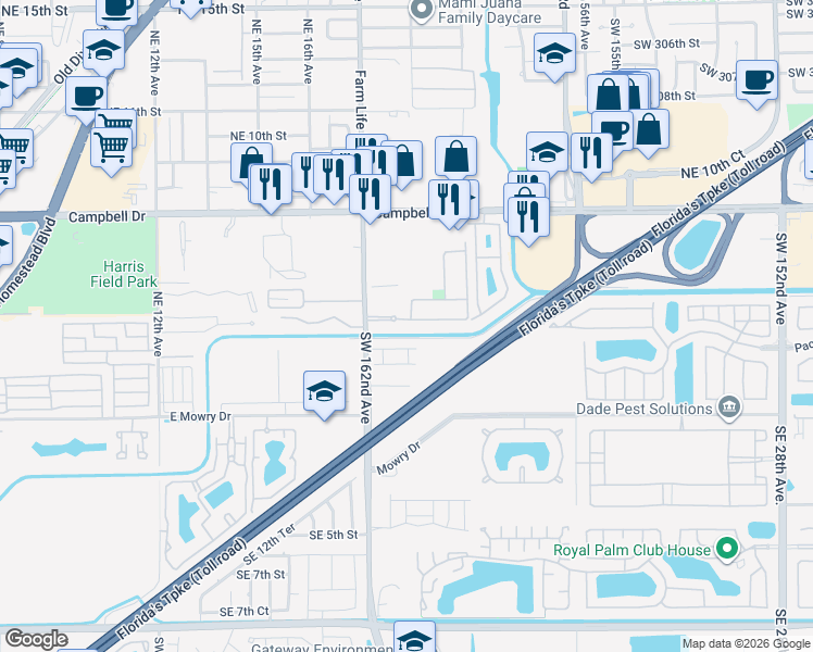 map of restaurants, bars, coffee shops, grocery stores, and more near 1880 Northeast 3rd Court in Homestead