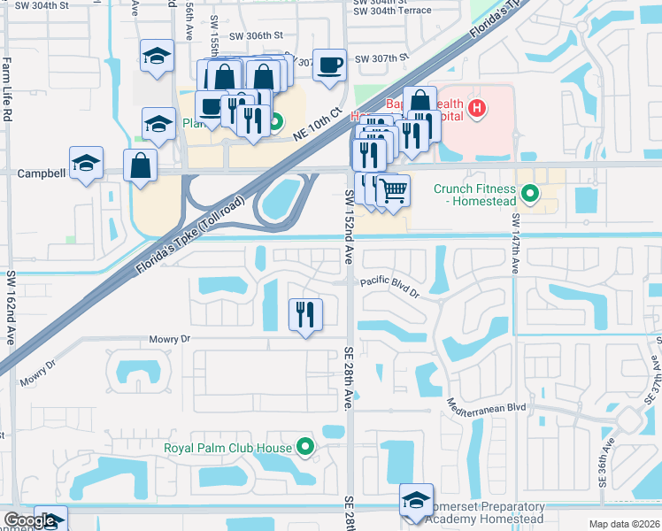 map of restaurants, bars, coffee shops, grocery stores, and more near 2720 Northeast 3rd Drive in Homestead