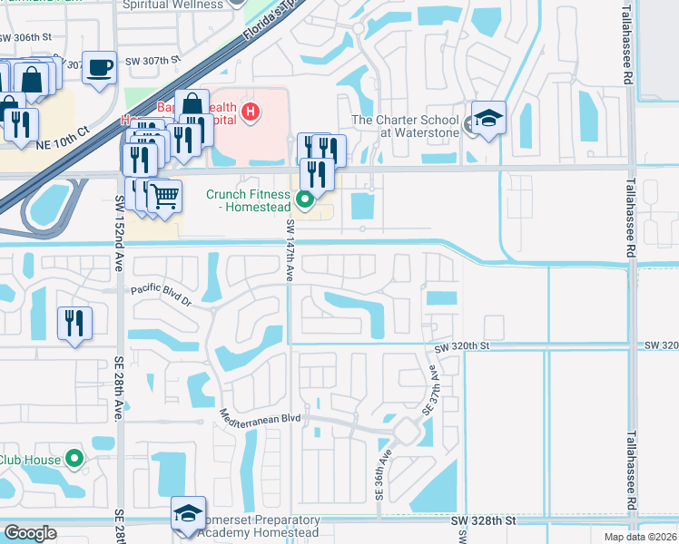 map of restaurants, bars, coffee shops, grocery stores, and more near 354 Northeast 34th Terrace in Homestead
