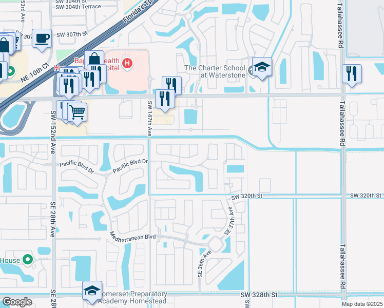 map of restaurants, bars, coffee shops, grocery stores, and more near 355 Northeast 35th Avenue in Homestead