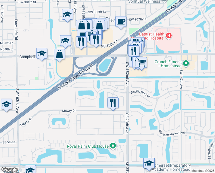 map of restaurants, bars, coffee shops, grocery stores, and more near 2619 Northeast 2nd Drive in Homestead