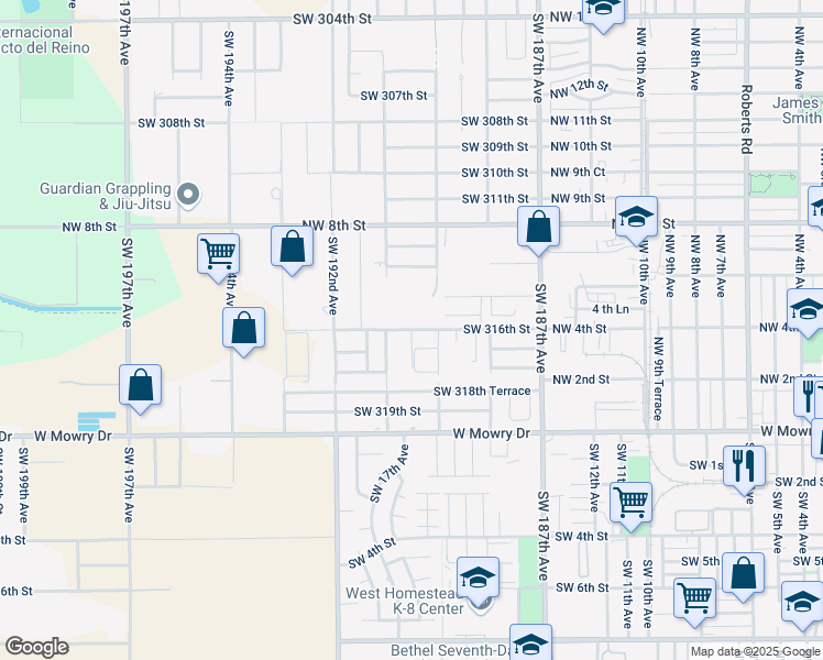 map of restaurants, bars, coffee shops, grocery stores, and more near 18950 Southwest 316th Street in Homestead