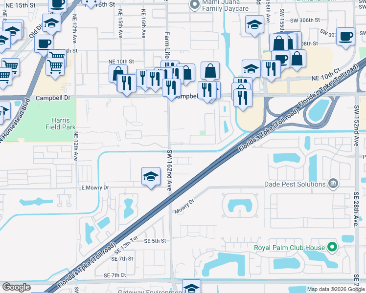map of restaurants, bars, coffee shops, grocery stores, and more near 1880 Northeast 3rd Court in Homestead
