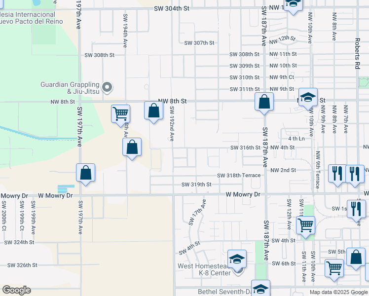 map of restaurants, bars, coffee shops, grocery stores, and more near 19020 Southwest 316th Street in Homestead