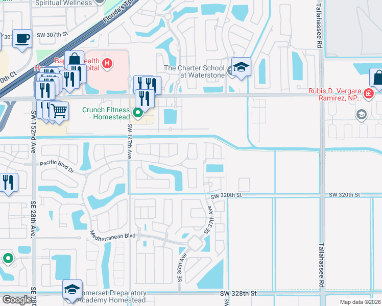 map of restaurants, bars, coffee shops, grocery stores, and more near 349 Northeast 36th Terrace in Homestead
