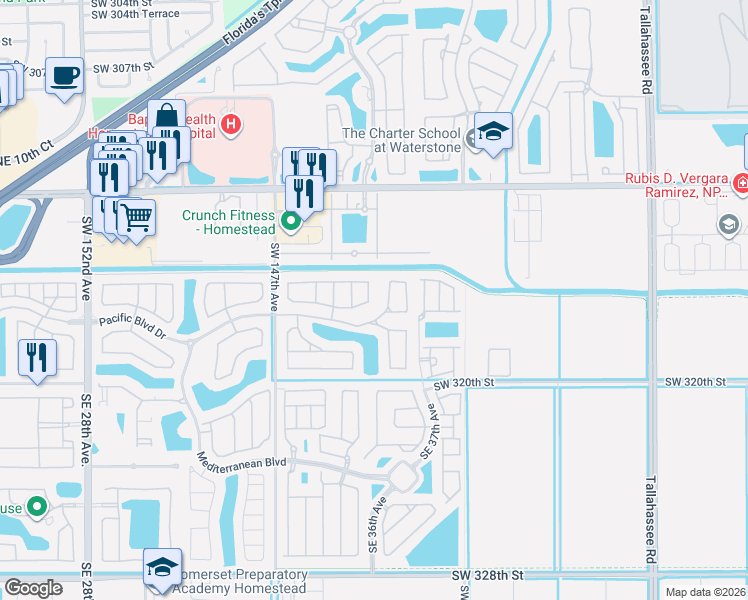 map of restaurants, bars, coffee shops, grocery stores, and more near 338 Northeast 36th Avenue Road in Homestead