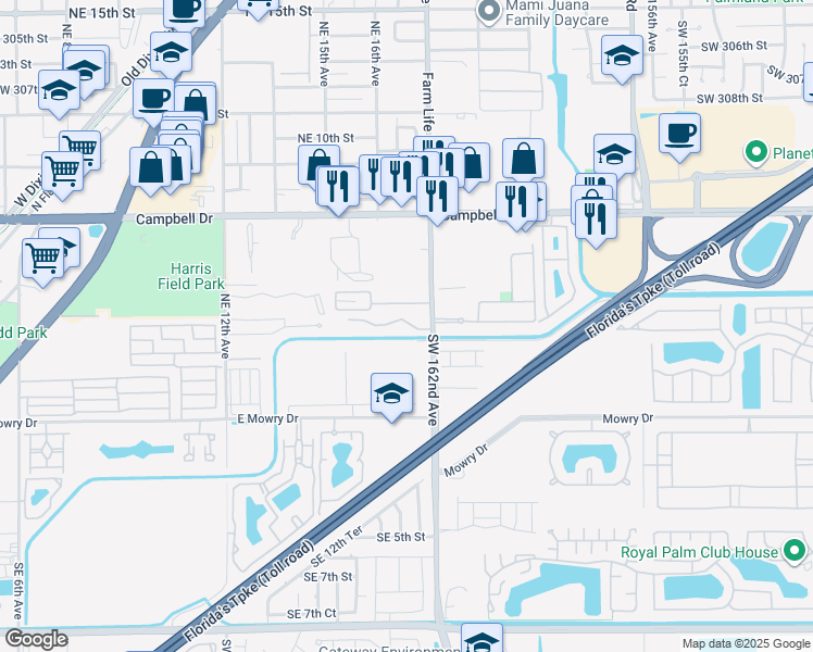 map of restaurants, bars, coffee shops, grocery stores, and more near 340 Northeast 18th Avenue in Homestead