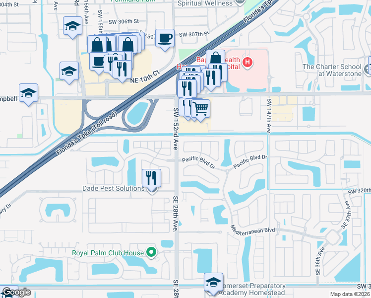 map of restaurants, bars, coffee shops, grocery stores, and more near 369 Northeast 28th Terrace in Homestead