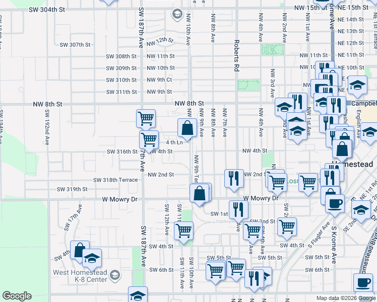 map of restaurants, bars, coffee shops, grocery stores, and more near 408 Northwest 10th Avenue in Homestead
