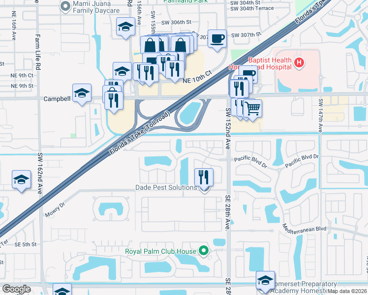 map of restaurants, bars, coffee shops, grocery stores, and more near 363 Northeast 25th Terrace in Homestead