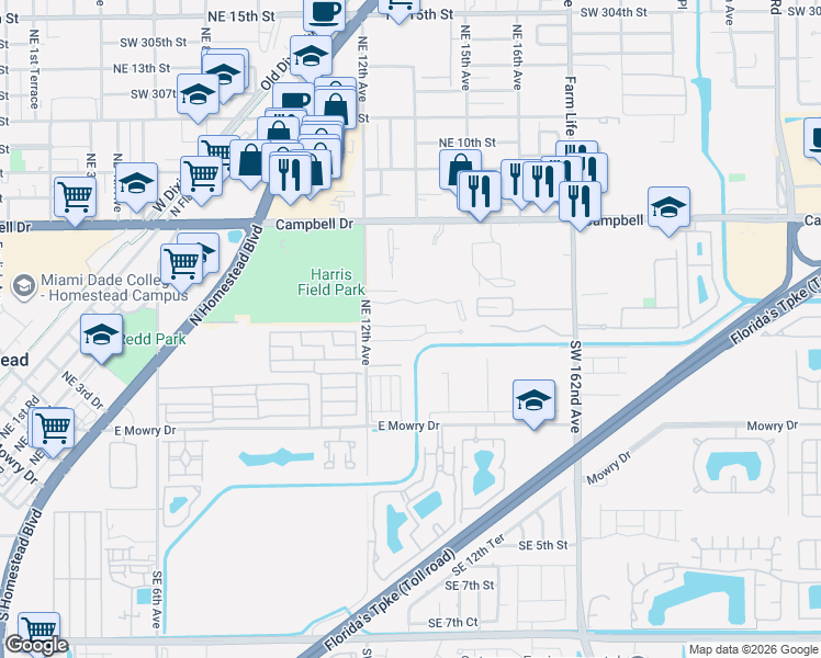 map of restaurants, bars, coffee shops, grocery stores, and more near 1430 Kia Drive in Homestead