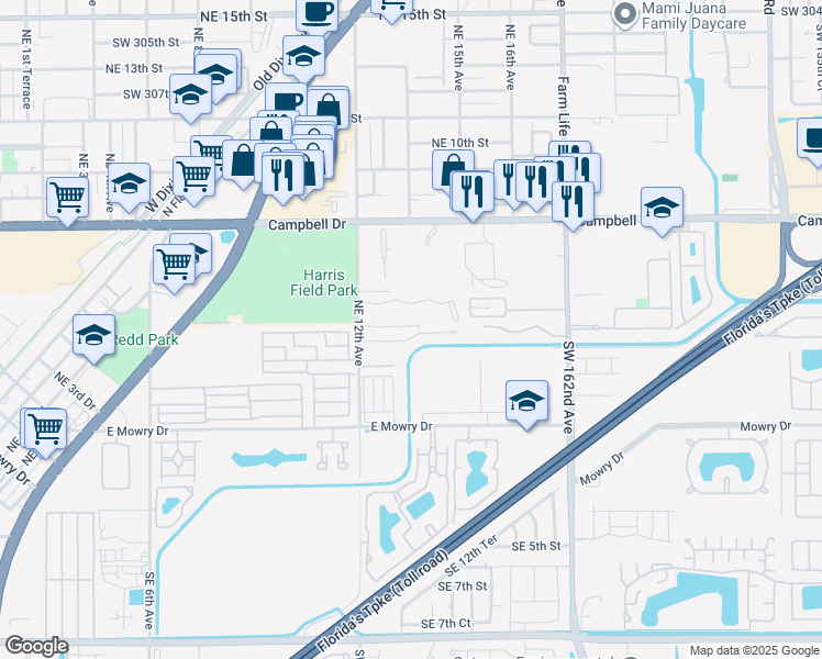 map of restaurants, bars, coffee shops, grocery stores, and more near 1412 Laura Lane in Homestead