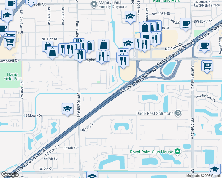map of restaurants, bars, coffee shops, grocery stores, and more near 2094 Northeast 3rd Court in Homestead