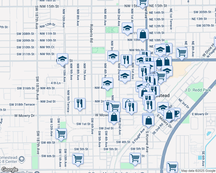 map of restaurants, bars, coffee shops, grocery stores, and more near 393 Northwest 3rd Avenue in Homestead