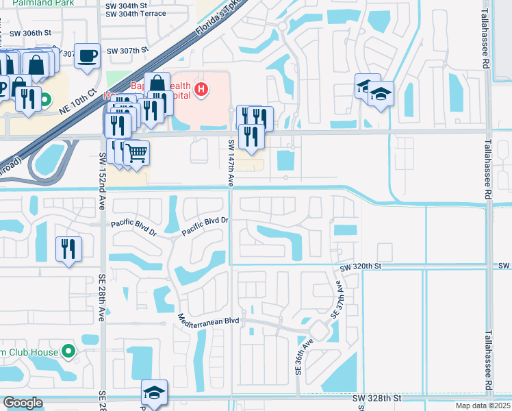 map of restaurants, bars, coffee shops, grocery stores, and more near 3374 Northeast 3rd Drive in Homestead