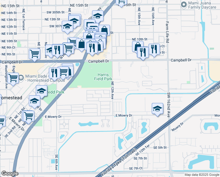 map of restaurants, bars, coffee shops, grocery stores, and more near 220 Northeast 12th Avenue in Homestead