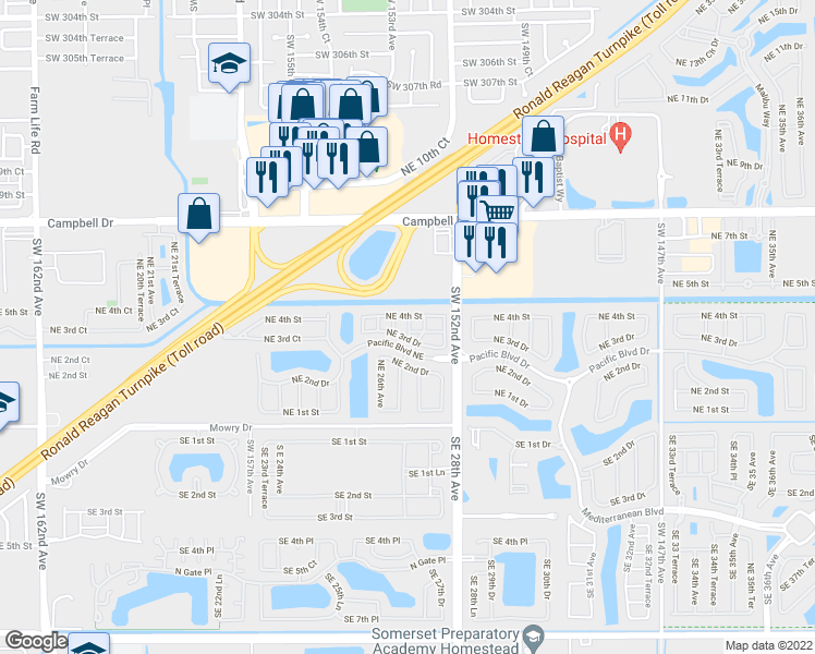 map of restaurants, bars, coffee shops, grocery stores, and more near 2720 Northeast 3rd Drive in Homestead