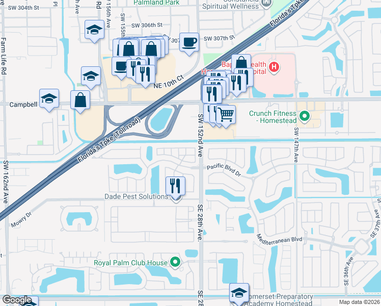 map of restaurants, bars, coffee shops, grocery stores, and more near 2720 Northeast 3rd Drive in Homestead