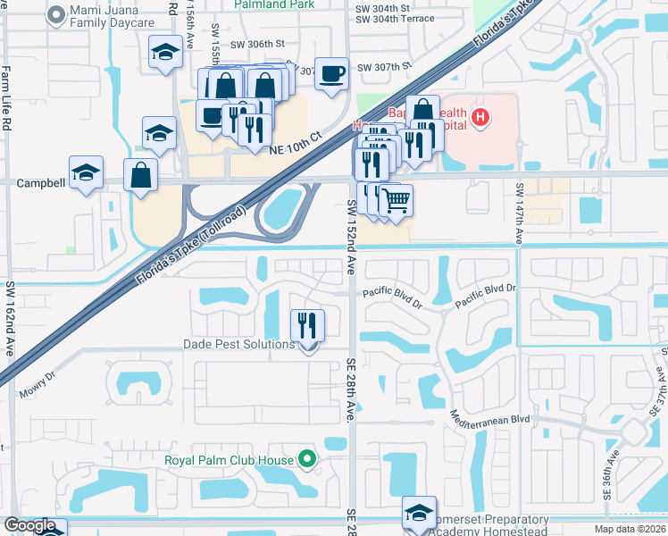 map of restaurants, bars, coffee shops, grocery stores, and more near 2720 Northeast 3rd Drive in Homestead